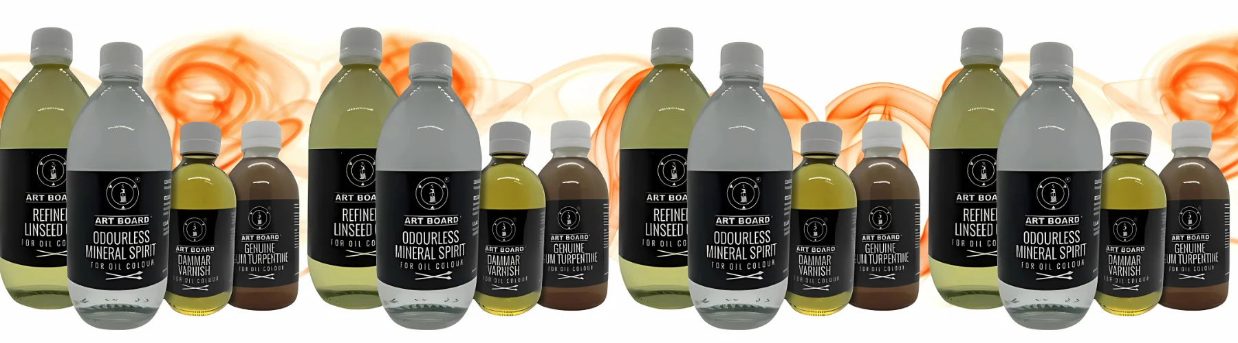 artboard-oil-mediums-tips-and-tricks. across the background is a orange swirl of colour that is somewhat whispy. is is in the center and around it is white. infront of it is the artboard oil mediums. they are four sets of the same four products grouped togehter. they are clear glass bottles with black labels and white lids.