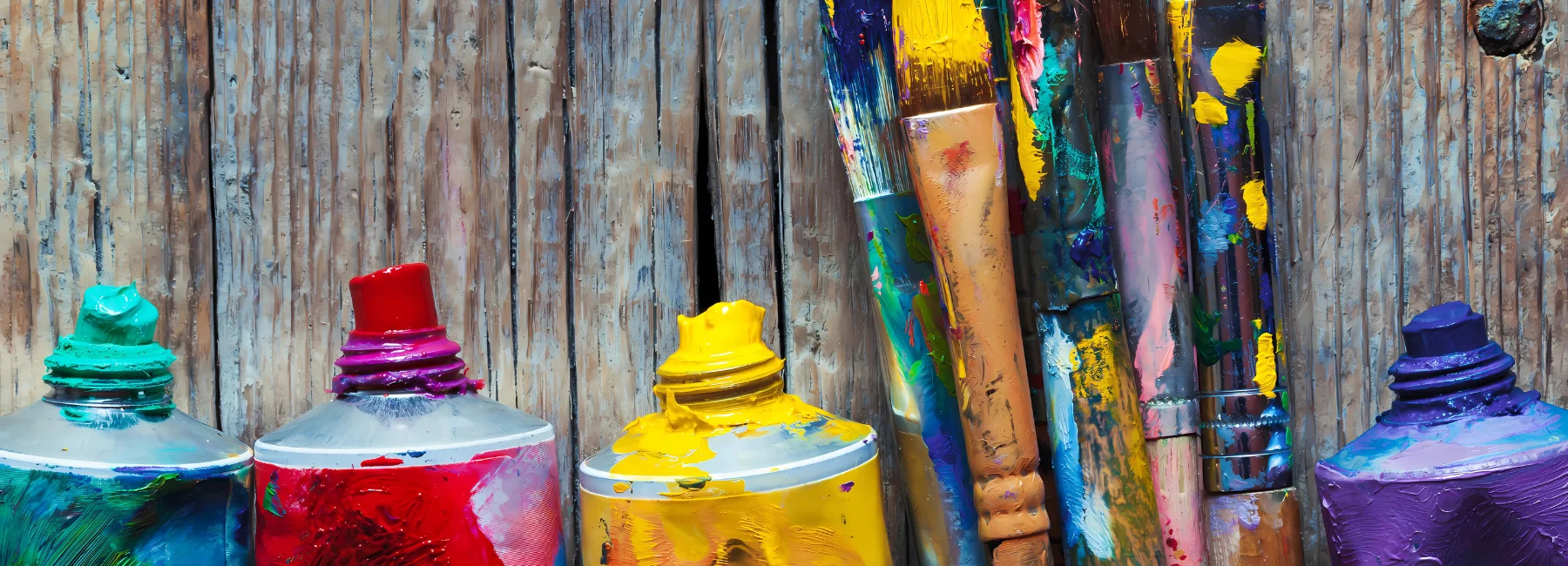 artboard-oil-paints-let-your-art-shine. across the bottom of the image there are three oil paints lined up, blue red and yellow they have their caps off and paint is coming out of them. then there is a bunch of paintbrushes and on the other side is an open blue oil paint on a wooden counter