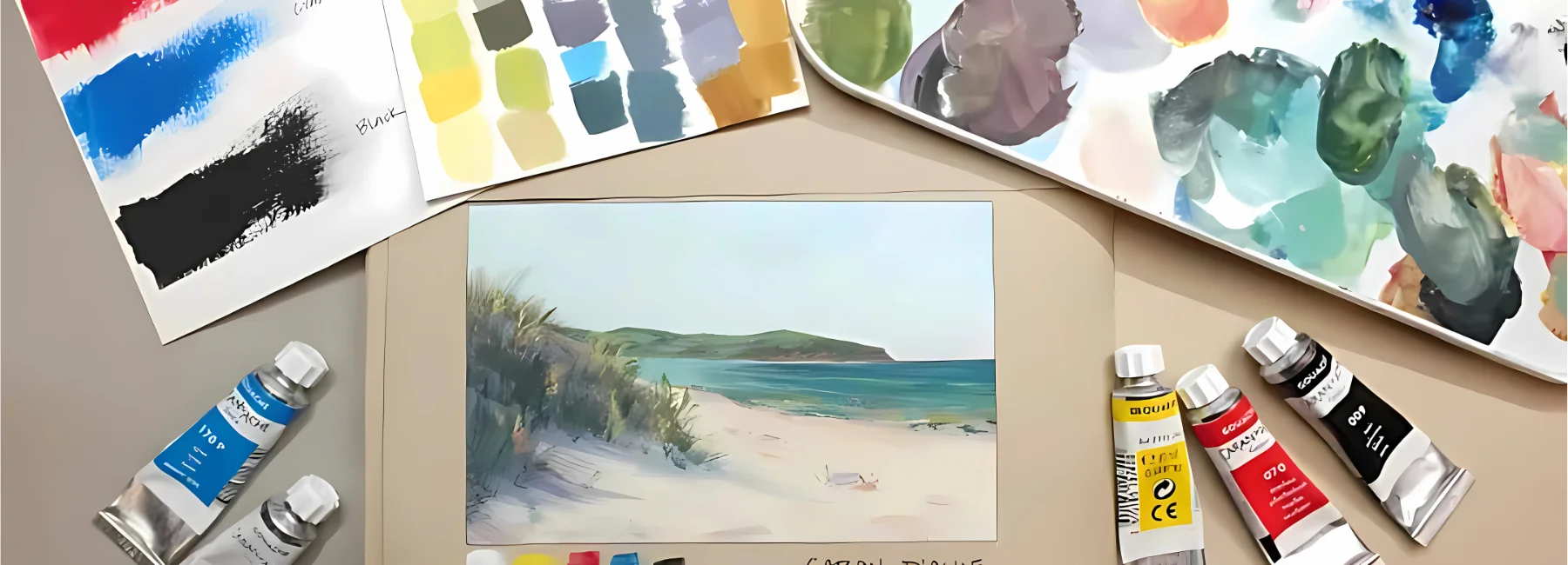 caran-dache-studio-gouache-making-masterpieces. in the center of the image there is a painting of a landscape of the ocean around it are various tubes of gouache paints. above it are colour swatches and a palette with colours mixed on it. they are on a beige table top