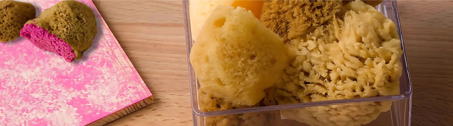 discovering-sponges-for-art. on the right hand side there is a glass bowl that has a few sea sponges in side of it of variuos shapes and sizes. on the left of it is a small canvas that has been painted in a pink using the sea sponges. on top of the canvas is a small sea sponge cut in half with bright pink paink on the one side of it. all of these things are resting on a table