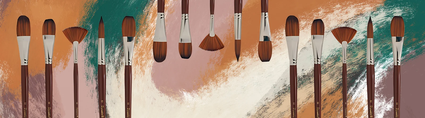 dynasty-8300-synthetic-brushes-guide. across the bottom of the image in sets there are 8300 brushes. they are in groups two sets on with side facing up and one set in the middle facing down wards. they have brown stems with silver ferruls and brown hairs. they are various shapes and sizes. they are sitting on an acrylic painted background of blended colours of beige, cream and green.