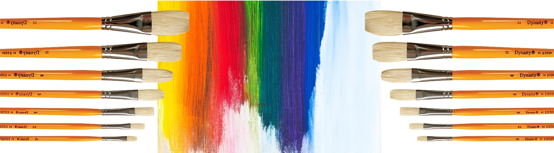 dynasty-series-1350-brushes-under-the-scope. the 1350 brushes are lined up lying horizontally coming nto the image from each side. the bristles are facing inwards. they have yellow stems, silver ferrules and white bristles. they meet towards to middle with a gap where they are sitting on a rainbow of colour stripes down the centre of the image.