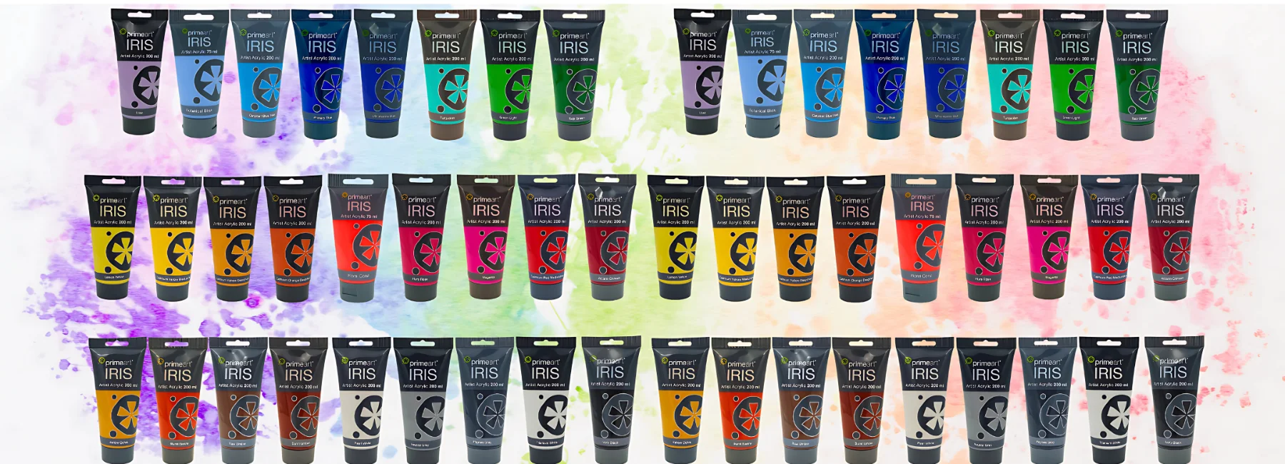 the background of the image is a paint splattered pastel background in rainbow colours. the left and right side are mirror images of eachother. they are a pyramid of iris 200ml acrylic paints in a rainbow order. in a triangle shape.