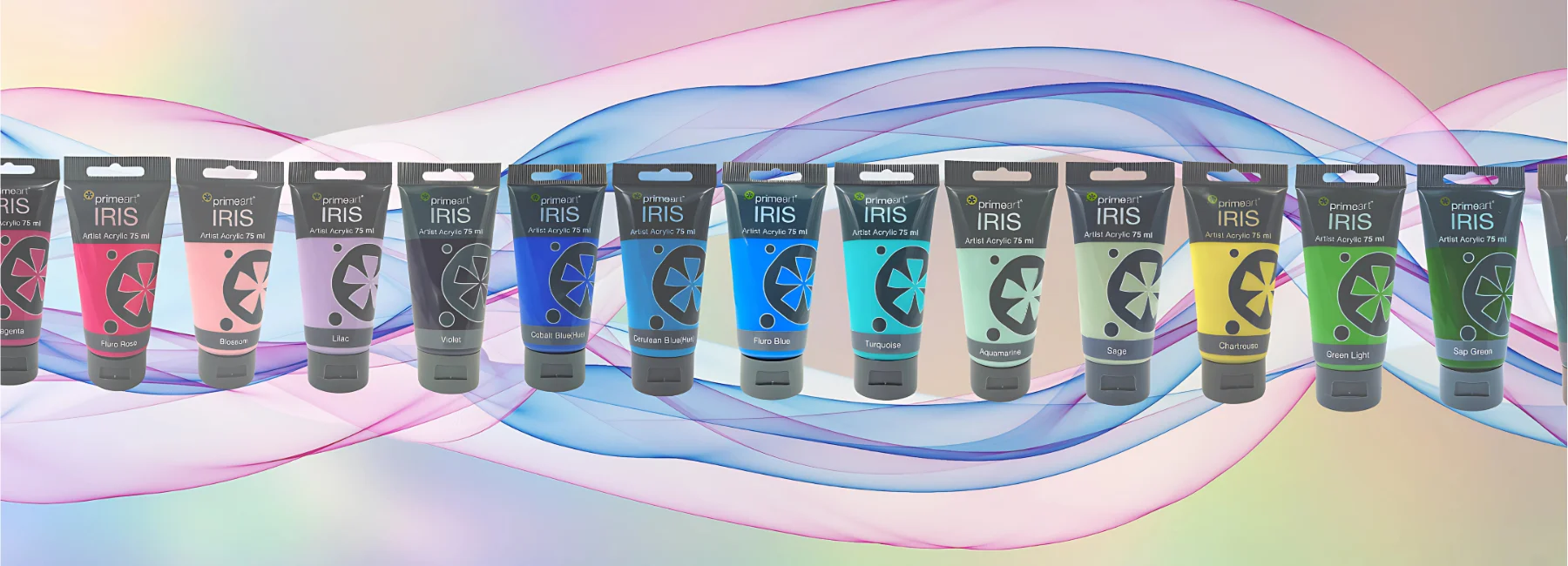 iris-acrylic-paint-75ml-elevate-your-artistry-with-vibrant-hues. there are multiple tubes of iris 75ml acrylic paint running across hte center of the image they are in a colour order and are in hues of purples and blues and greens. they are clear tubes with black labels and black tips. they are on a rainbow ribbon that criss crosses behind them