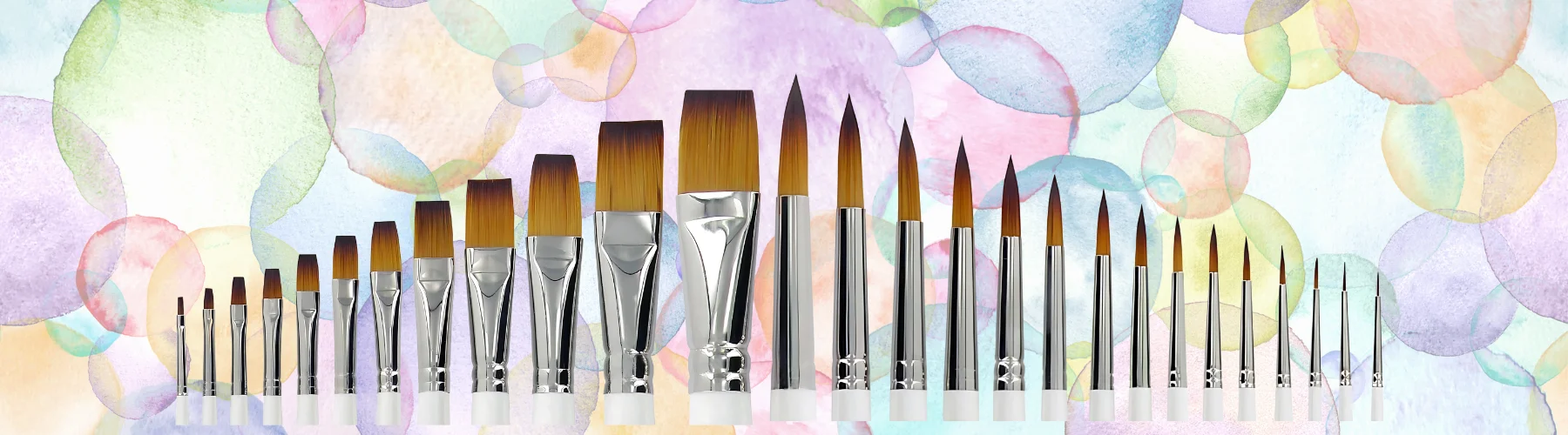 kum-memory-point-brushes-elevate-your-artistry. along the bottom of the image there is a row of memory point brushes that are lined up along the bottom. they are all bristle facing upwards and only the ferrule of the brush with the hair is visable. thye are on a muted multicolour background of little watercolour circles.