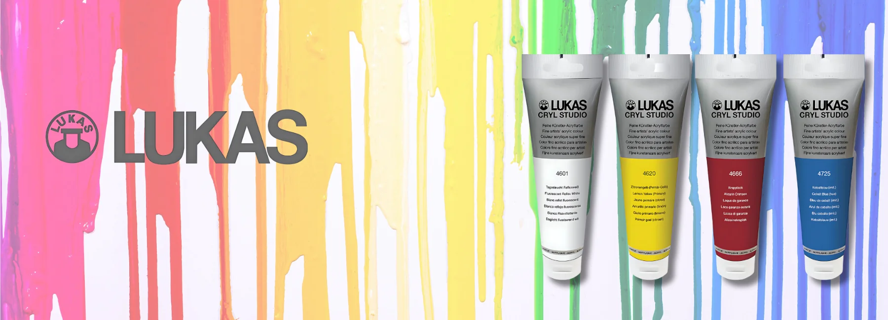 the background is a rainbow paint drip running downward. on the left is the lukas logo in black and on the right are four lukas acrylic paint tubes 125ml in a row. white, yellow red and blue. they are all clear tubes showing the colour inside with silver printed colour at the top and whit e lids.