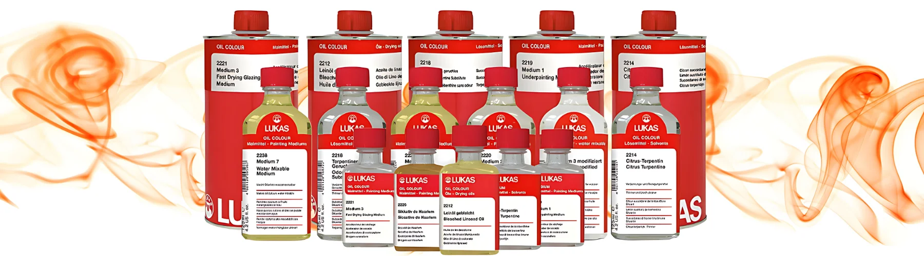 lukas-oil-mediums-breakthrough-moments. in the center of the image are various bottles and tins of the lukas oil mediums. they are clear glass bottles with the tins are silve, they all have red labels and red lids. they are sitting on whispy orange paint that runs across the center of the image.