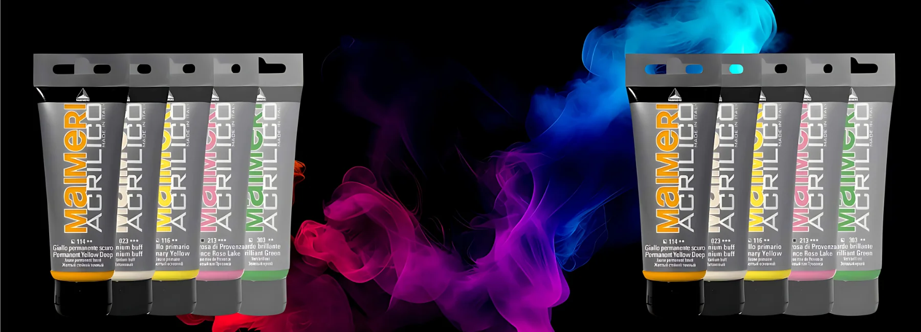 maimeri-acrilico-paint-a-painting-paradise. the background is black with rainbow coloured smokes behind the paints. on the left and right are exact images of the same group of maimeri paint. they have silver tubes and the writing shows what colour is on the inside of the tube. the caps are black