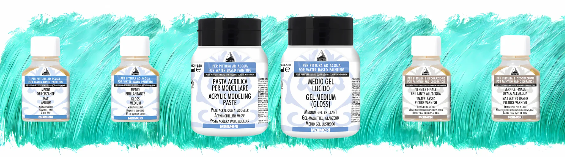 maimeri-acrylic-mediums-explored. the background is a teal colour. it looks like acrylic paint that has been roughly painted in small stokes up and down along the back. on the outsides are two small glass bottles of medium and in the center are the bigger tubs with black lids. they all have blue labels. the glass bottles have white lids and the two in the center have black lids. they are all maimeri acrylic mediums