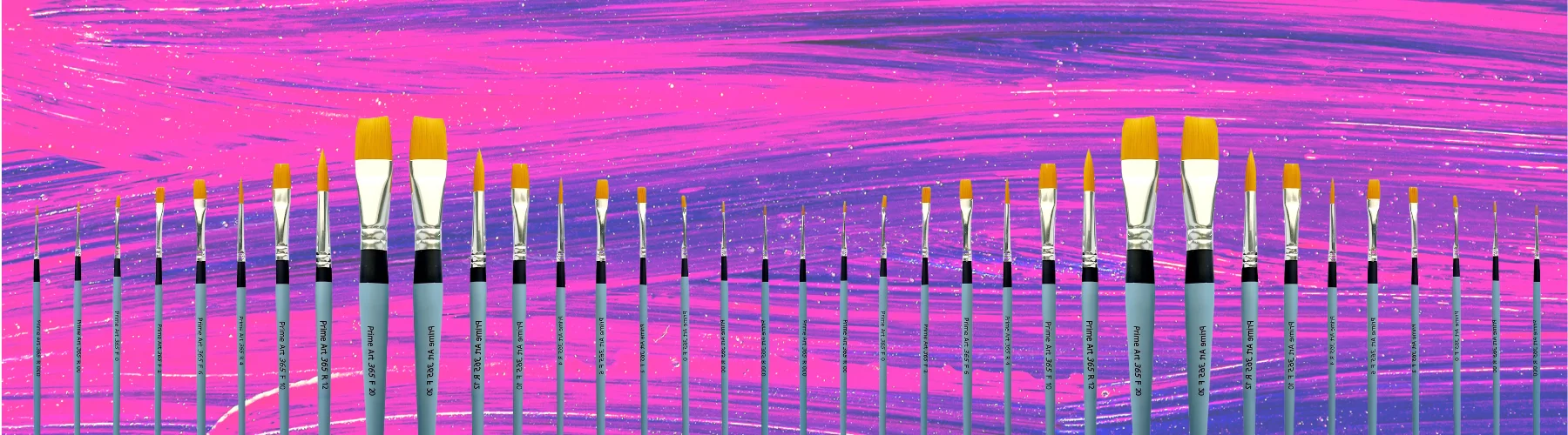 prime-art-365-golden-taklon-brushes-painting-perfection-awaits.across the bottom of the image is a repeating pattern of the 365 brushes. they are grouped together in a wave pattern. smallest on the outside and biggest in the center. they are running across the image. they have green handles and silver ferrules and orange bristles. they are on an acrylic background which is a blend of blue and pink colours.