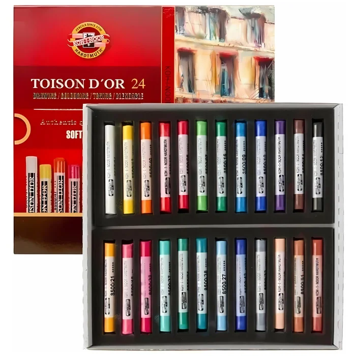 A single Set of 24 Koh-I-Noor Toison D'or Soft Pastels is shown in the frame. The lid is shown at the top of the frame, and the base that holds the pastels in below it, overlapping the lid slightly. The lid is printed in red and has the logo on the cover and a picture of some loose pastels. The pastels in the bottom layer of the box are shown lined up next to each other. Each pastel is a different colour and each pastel has a paper wrapper around the body of the pastel. The wrapper is printed with the logo and the pastel colour details. On a white background.