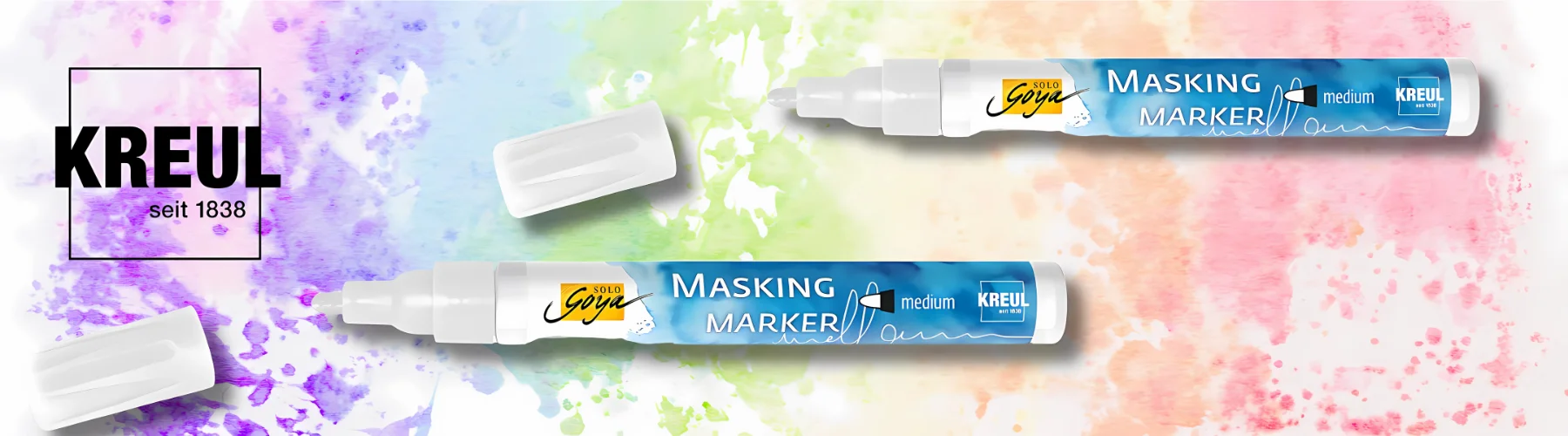 solo-goya-masking-markers-unmask-your-talent. the background is a watercolour blotch effect in a rainbow colours. in front of the background are two markers both facing left with their caps off. they are blue with white caps. on the top left side is the logo in black for kreul