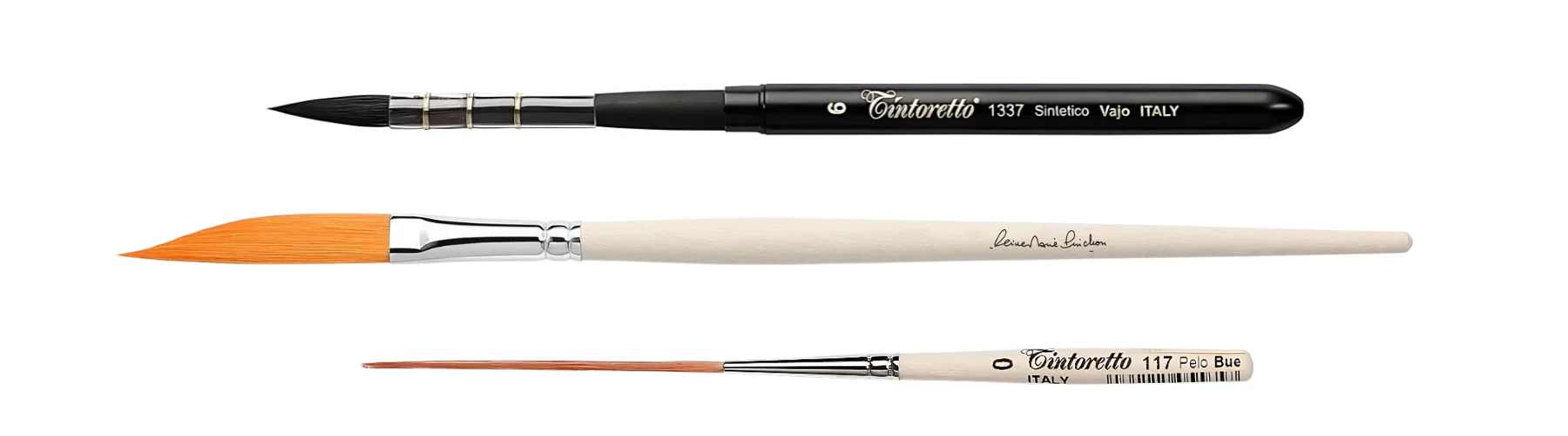 tintoretto-brushes-elevate-your-art-game. across the image in a line and horizontal there are three different tyoes of tintoretto brushes. they are all facing left. the top brush is black ith black hair below it is a white handled brush with a silver ferrule and orange hair and the last one is a cream handle with a silver ferrule with orange hair that is very long. all on a white background