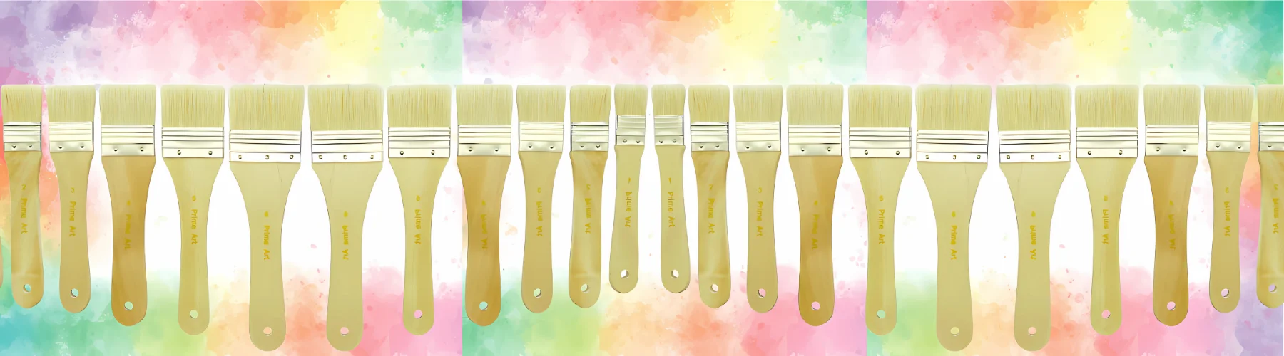 varnish-brushes-the-star-of-the-toolkit. across the middle of the image are a variety of sized varnish brushes. they are all facing hair upwards. they have medium length brwon wood handles and silver ferrules and cream hog type hair. they are on a rainbow effect tye dye background with a white center