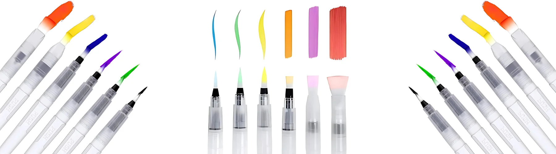 water-brushes-brushing-brilliance. on either side of the image is a mirror image of the same set of brushes. they are water brushes and there are six of them. they are clear plastic and can hold water. they have white hairs and just above them are strips of colour that are small and in rainbow colour. thye are angles facing in coming in from the corners of the image. in the center is a set of six brushes that have clear plastic barrels and white hairs with colour strips just above them in rainbow colour showing the different sizes of the brushes and the different shapes. all on a white background