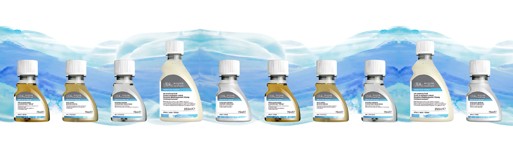 winsor-and-newton-watercolour-mediums. the background is watercolour waves in a light blue colour along the centre around it is white. infront of that are the bottles of winsor and newton watercolour medium all lined up in a row. they are clear bottles with blue and gray labels and white lids