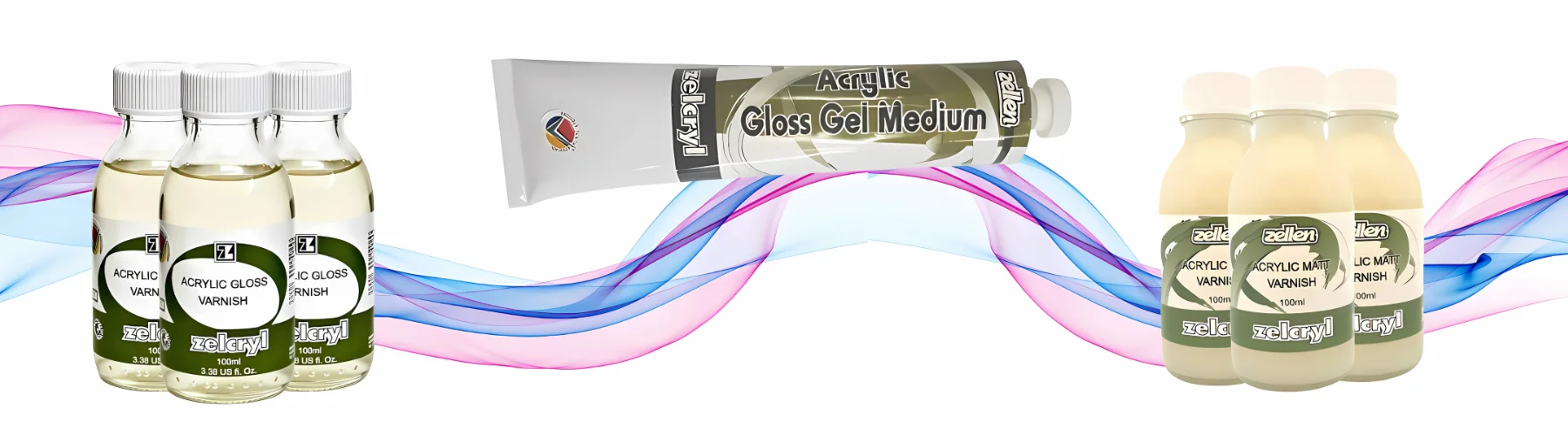 zelcryl-acrylic-mediums-unleash-your-inner-artist. across the background of the image is a rainbow ribbon that is semi translucent and runs across the whole image in the centre. infront on the left are three glass bottles with white lids and green labels of zellen gloss varnish in the center and raised up is a tube of zellen gel medium and on the right are three glass bottle with white lids and green labels of zellen matt varnish