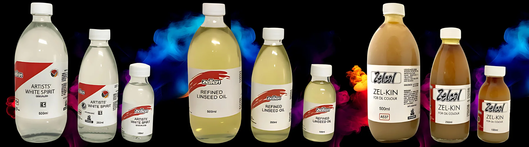 zellen-oil-mediums-for-the-win. in the background it is black with rainbow smoke visable behind the products. the glass bottles are lined up in the front in sets of three. from largest to smallest. the white spirits, linseed oil and zelkin. thye are all glass bottles with wihite labels and white lids.