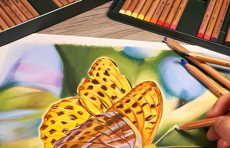 faber-castell-pitt-pastel-pencils-pastel-dreams-come-true. the image is a close up of someone drawing a butterfly in yellows and browns with the faber castell pastel pencils. the tins of pastel pencils are in the background and their hand is in the image holding the pencils and drawing a white line with it
