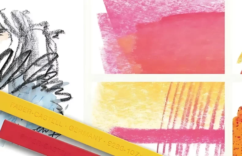 faber-castell-polychromos-pastel-sticks-innovation-unleashed. the image shows two pastel sticks in orange and pink lying next to eachother by a sketch of a persons face. the right hand side is four blocls showing the two colours having been used to draw various patterns and shading