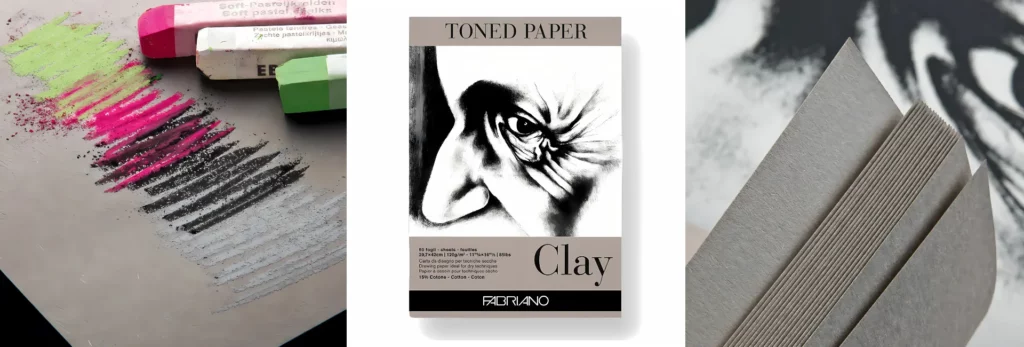 the left hand image is of the clay paper with chalk pastels being used on it in green, pink and black and the middle image is of the cover of the pad. the right hand image is of the side of the pad showing the papers