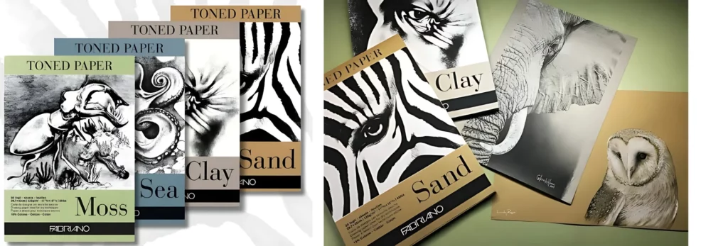 the left hand image is of the four pads, moss, sea, clay and sand all fanned out ontop of eachother, the background is a faded xebra skin pattern. the right hand image is of the two pads, clay and sand and they are lying on top of eachother off center and on the right is a drawing of an elephant and an owl. on a green background