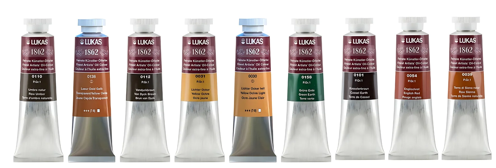 lukas-1862-oil-paint-review-for-art-enthusiasts. there are 9 lukas 1862 tubes lined up across the center of the image. they are standing with their caps facing the top. they have silver tubes and coloured labels with white writing