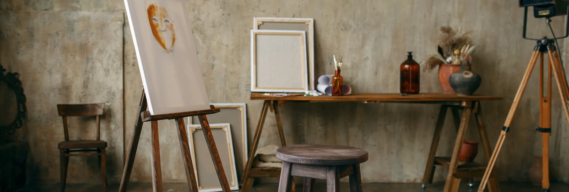 painting-tools-for-aspiring-artists. the image shows an art room with easels in it on the left and canvas on the easel and leaning against walls. there is a table with various art supplies on it and chairs scattered around the room. the wall behind is a dirty grey colour