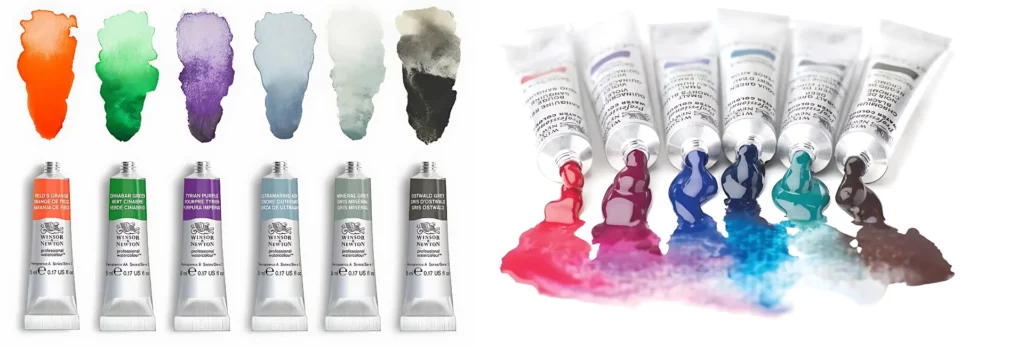 the left hand image is of six tubes of proffessional watercolour paint in a row. their caps are off and there is a wash of the colour thats in each tube above them on a white background. the right hand image is of six tubes open and the colour has been squeexed out of them and is on a watercolour paper nad blending out at the front of it.