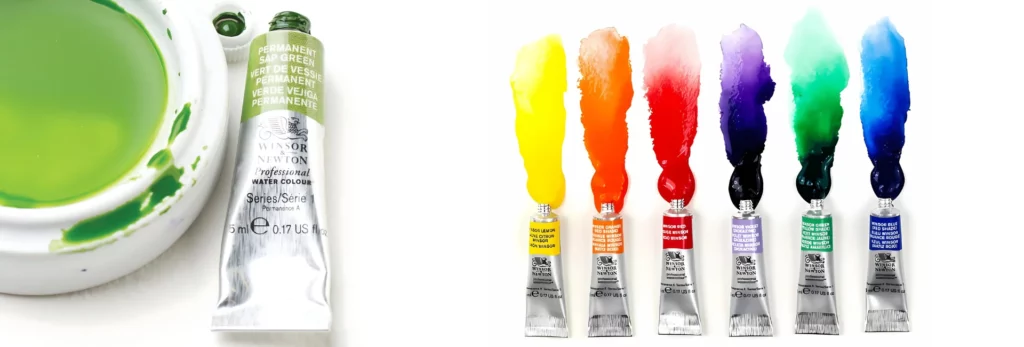 the left hand image is a close up of a green proffessional watercolour paint and a bowl of water that has some of the pigment in it. the lid is off and its on a white surface. the right hand image is of 6 tubes of the paint that have been opened and the colours squeezed out. in a rainbow colour. on a white background