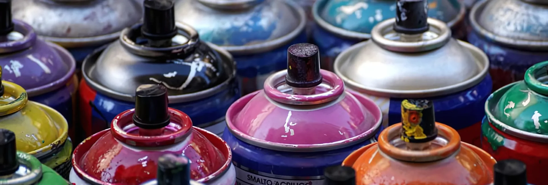 spray-paints-discover-the-power. in the center of the image is a close up of the spray nozzles of the spray paint cans. they are a variety of different colours. reds, yellows, blues, greens, orange and pink. there is reidue of the spray paint on the black nozzles and the tops of the cans have paint on them.they are packed tightly in the image.