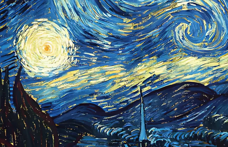 van-gogh-oil-paint-brushing-through-brilliance. the image is of van goghs famous painting starry night. the colours are dark and blue with some yellow and is of a landscape of mountains with bright swirly stars in the sky. very textured painting
