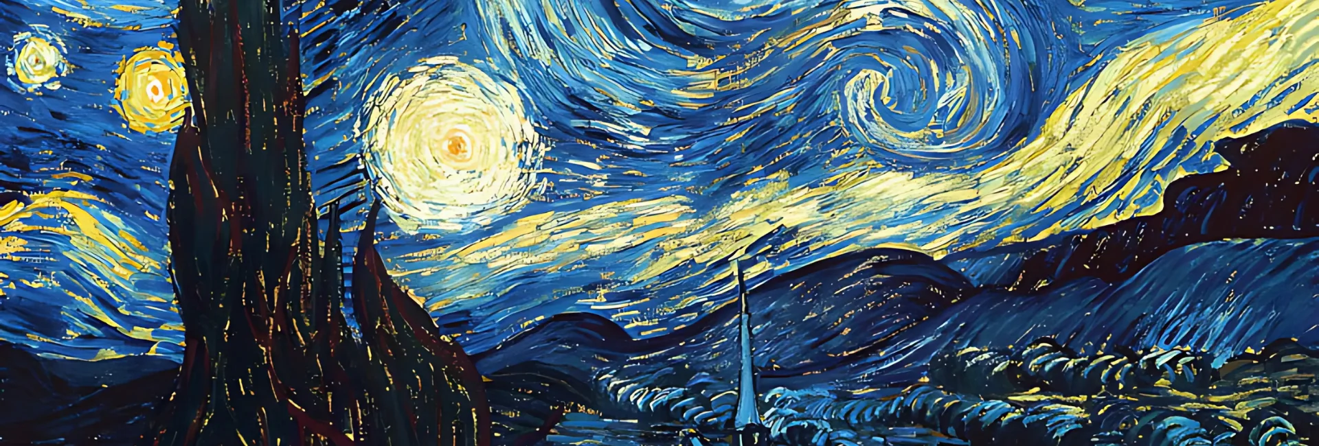 van-gogh-oil-paint-brushing-through-brilliance. the image is of van goghs famous painting starry night. the colours are dark and blue with some yellow and is of a landscape of mountains with bright swirly stars in the sky. very textured painting