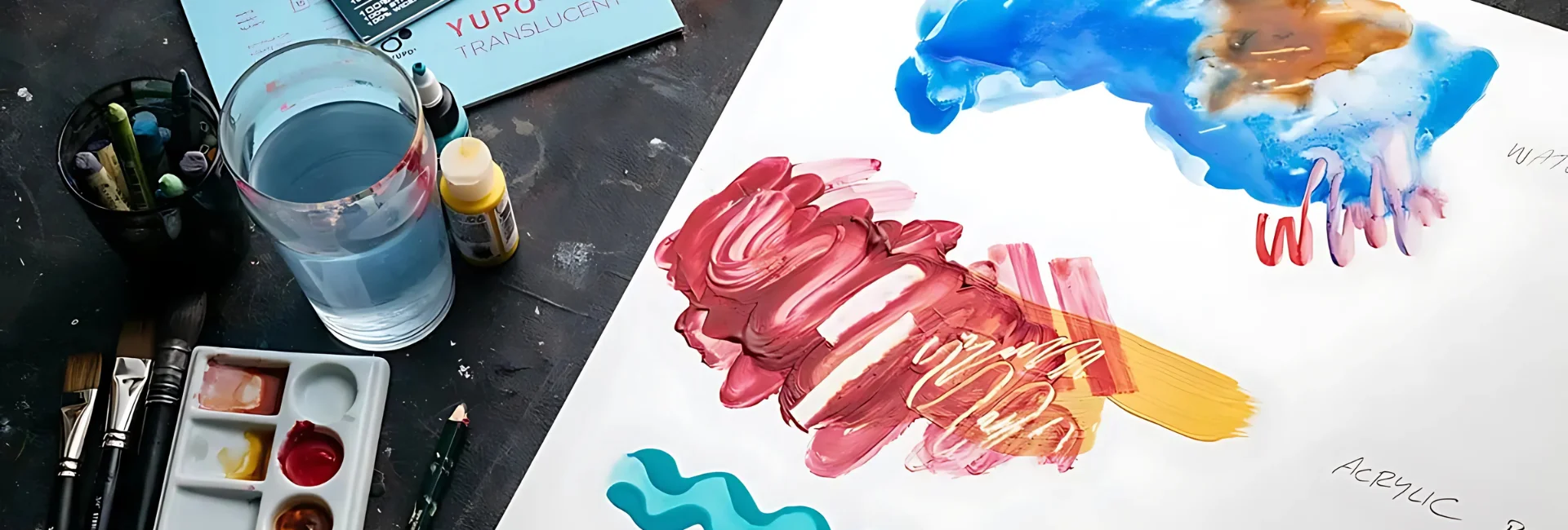 yupo-paper-where-art-magic-collide-1. the image is of a sheet of yupo on a table with various art mediums around it. water in a glass, paintbrushes, watercolour paint, acrylic paint, alcohol inks all being used on the yupo to show what mediums work on it and how they work on it