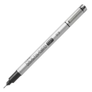 A single 0,03mm Copic SP Refillable Multiliner is shown diagonally across the center of the frame. The liners lid is off the nib and placed at the back of the liner, so you can see the size of the nib. The liner has a metallic silver barrel with the Copic Logo and nib size printed on the barrel. On a white background.