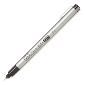 A single 0,1mm Copic SP Refillable Multiliner is shown diagonally across the center of the frame. The liners lid is off the nib and placed at the back of the liner, so you can see the size of the nib. The liner has a metallic silver barrel with the Copic Logo and nib size printed on the barrel. On a white background.