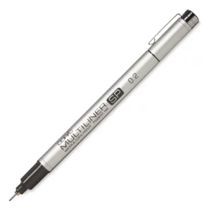 A single 0,2mm Copic SP Refillable Multiliner is shown diagonally across the center of the frame. The liners lid is off the nib and placed at the back of the liner, so you can see the size of the nib. The liner has a metallic silver barrel with the Copic Logo and nib size printed on the barrel. On a white background.