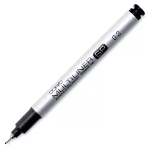 A single 0,3mm Copic SP Refillable Multiliner is shown diagonally across the center of the frame. The liners lid is off the nib and placed at the back of the liner, so you can see the size of the nib. The liner has a metallic silver barrel with the Copic Logo and nib size printed on the barrel. On a white background.