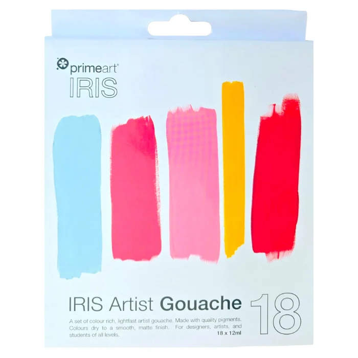 The contents of a 18's Prime Art Iris Gouache Set is shown in the center of the frame