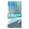A single Blue and Green Assorted Sakura Gelly Roll Set of 6 is shown vertically in the center of the frame. The pens are shown in a plastic packet that is printed and has the Sakura brand printed on it. You can see the 6 pens through the packet. On a white background.