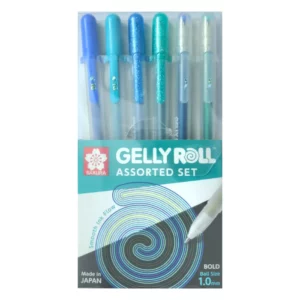 A single Blue and Green Assorted Sakura Gelly Roll Set of 6 is shown vertically in the center of the frame. The pens are shown in a plastic packet that is printed and has the Sakura brand printed on it. You can see the 6 pens through the packet. On a white background.
