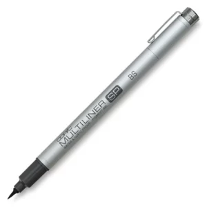 A single Brush Copic SP Refillable Multiliner is shown diagonally across the center of the frame. The liners lid is off the nib and placed at the back of the liner, so you can see the size of the nib. The liner has a metallic silver barrel with the Copic Logo and nib size printed on the barrel. On a white background.