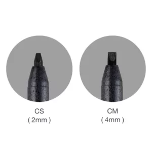 There are two circles in the center of the frame. A close up of the nibs of Calligraphy Copic Multiliner Black are seen in each circle. The nib on the left is small and the nib on the right is larger. The sizes of the nibs is written underneath the circles. On a white background.