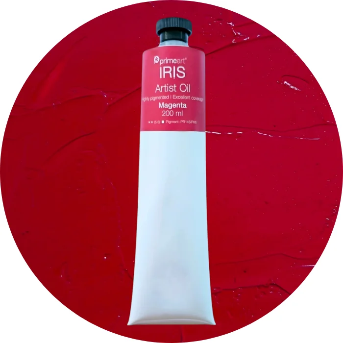 Magenta Iris Oil Paint 200ml is seen standing vertically in the center of the frame. The tube is white and has a band of colour around the top of the tube that indicates the colour of the paint. The tube has a black plastic screw top. There is a circle in the center of the frame in the background