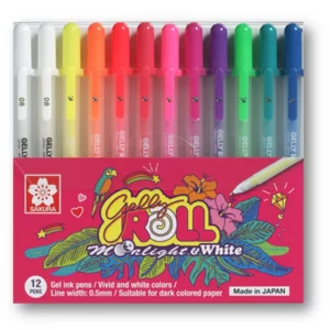 A single Moonlight and White Sakura Gelly Roll Set of 6 is shown vertically in the center of the frame. The pens are shown in a plastic packet that is printed and has the Sakura brand printed on it. You can see the 12 pens through the packet. On a white background.