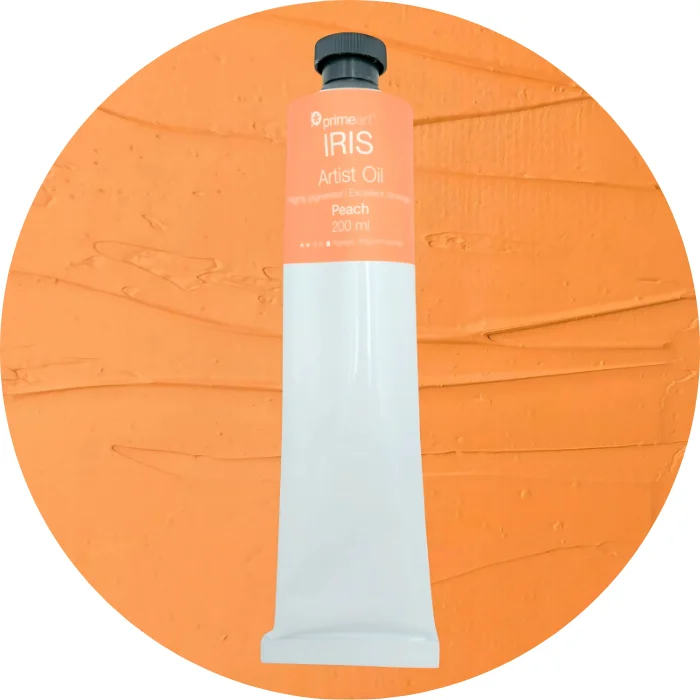 Peach Iris Oil Paint 200ml is seen standing vertically in the center of the frame. The tube is white and has a band of colour around the top of the tube that indicates the colour of the paint. The tube has a black plastic screw top. There is a circle in the center of the frame in the background