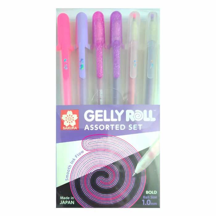A single Pink and Purple Assorted Sakura Gelly Roll Set of 6 is shown vertically in the center of the frame. The pens are shown in a plastic packet that is printed and has the Sakura brand printed on it. You can see the 6 pens through the packet. On a white background.