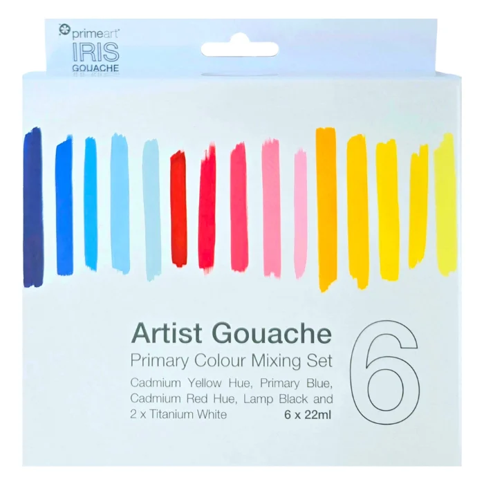 6 tubes of paint from the Prime Art Iris Gouache Primary Mixing Set are shown in the black plastic tray that fits inside the box. The tubes are white and have black plastic
