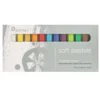 A single Prime Art Soft Drawing Pastel Set is shown in the center of the frame horizontally. The cover of the set is shown above the bottom tray that holds the pastels. There are 12 different coloured square pastel sticks lined up next to each other in the tray. The box is grey and white and has the Prime Art logo printed on it. On a white background.