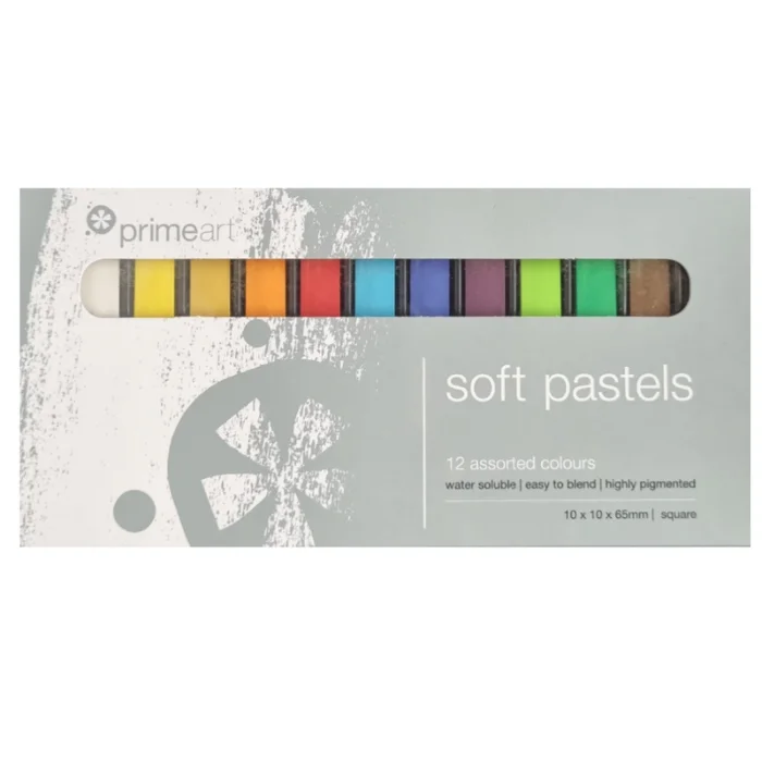A single Prime Art Soft Drawing Pastel Set is shown in the center of the frame horizontally. The cover of the set is shown above the bottom tray that holds the pastels. There are 12 different coloured square pastel sticks lined up next to each other in the tray. The box is grey and white and has the Prime Art logo printed on it. On a white background.